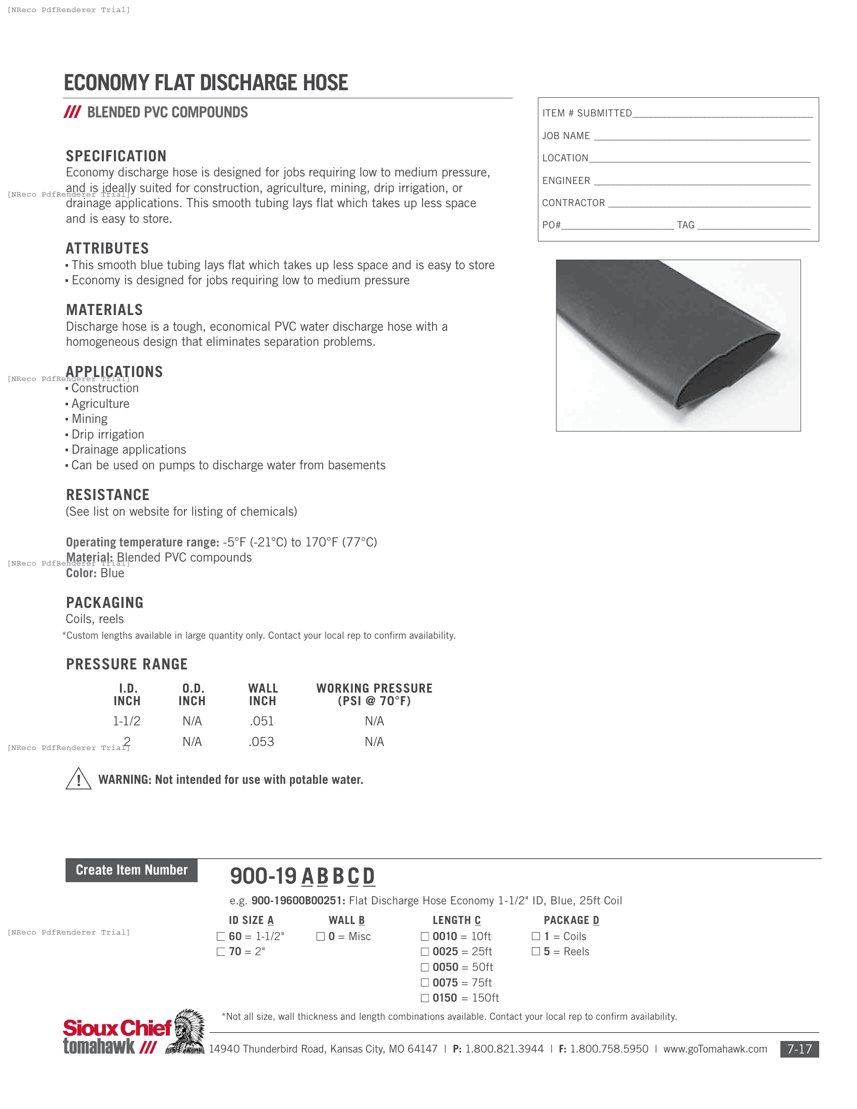 900-19 SERIES - ECONOMY FLAT DISCHARGE HOSE - SPEC SHEET.PDF Specification Document